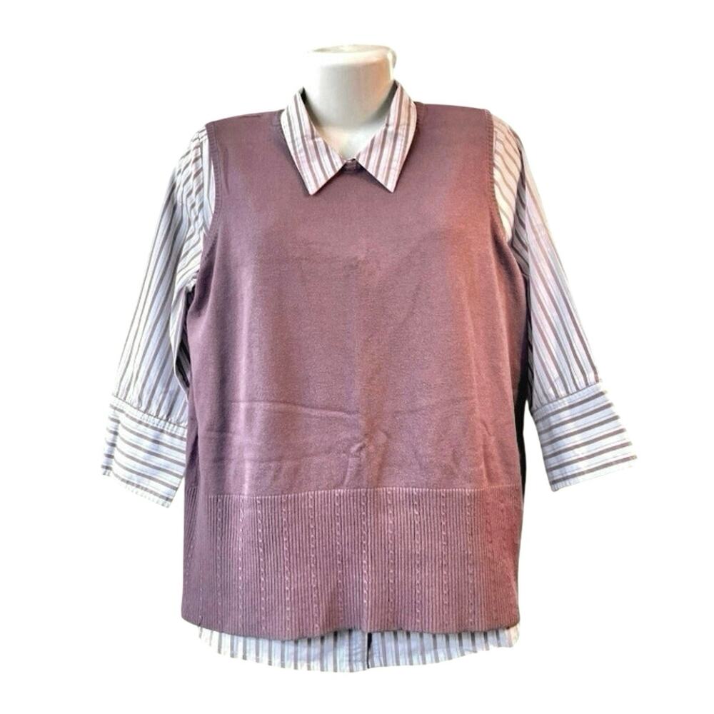 Merona Women's Striped 3/4 Sleeve Button-Up SZ 18W & Purple Sweater Vest SZ XXL